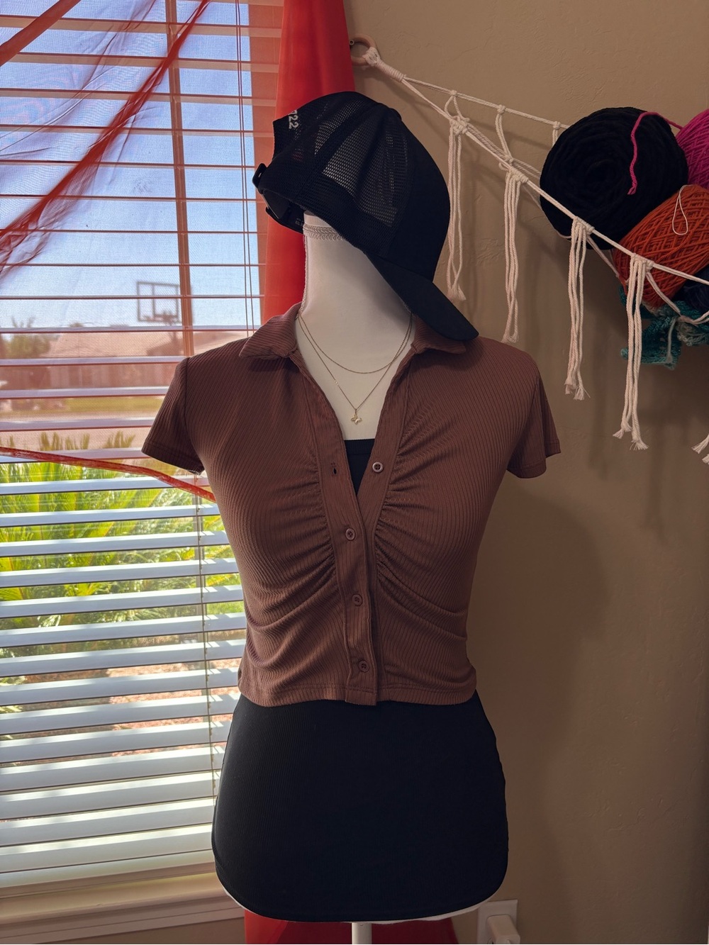 Brown Ribbed Short-Sleeve Button-Down Crop Top